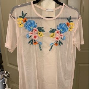 Zara sheer embroidered pink blush top - M